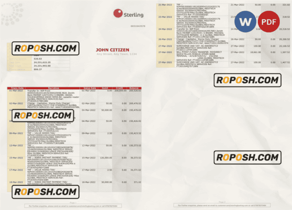 Nigeria Sterling bank statement Word and PDF template, 2 pages