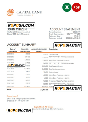 North Macedonia Capital Bank statement Excel and PDF template