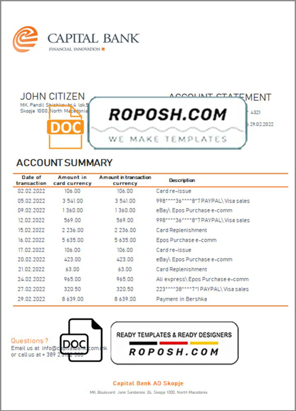 North Macedonia Capital Bank bank statement template in Word and PDF format