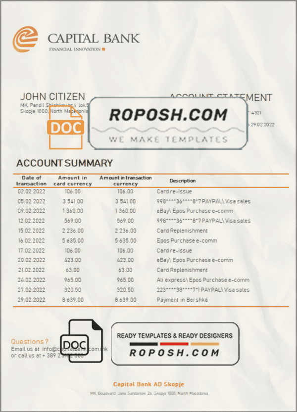 North Macedonia Capital Bank bank statement template in Word and PDF format
