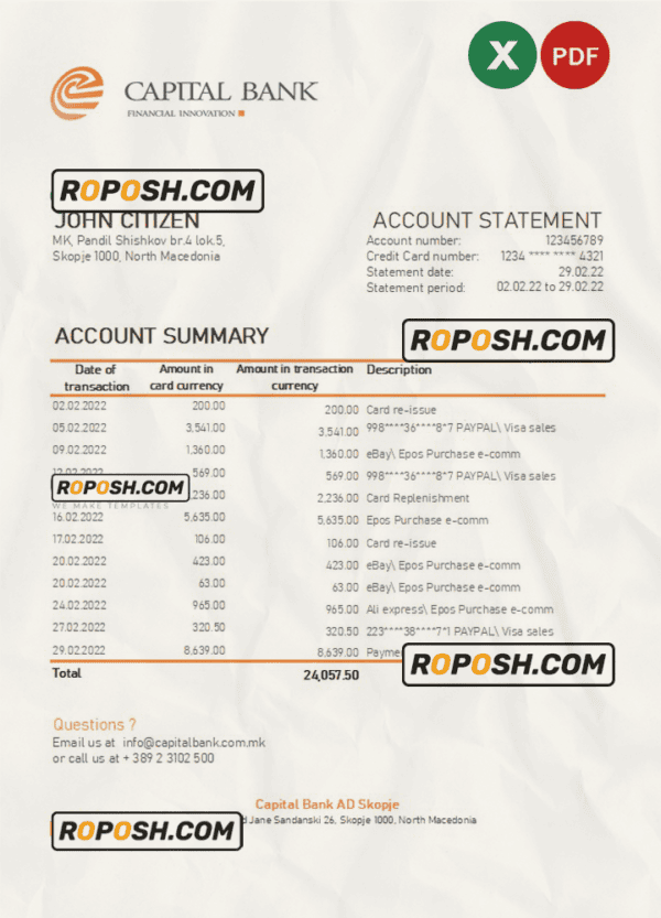 North Macedonia Capital Bank statement Excel and PDF template