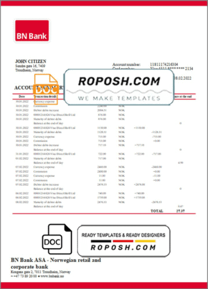 Norway BN bank statement template in Word and PDF format
