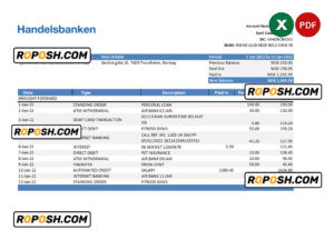 Norway Handelsbank statement Excel and PDF template