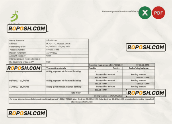 Oman Bank Dhofar bank statement Excel and PDF template