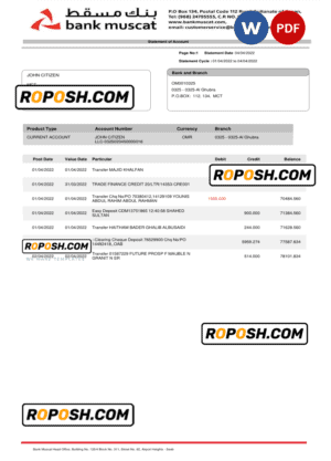 Oman Muscat Bank statement, Word and PDF template
