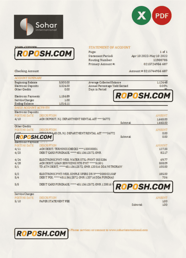 Oman Sohar International bank statement Excel and PDF template