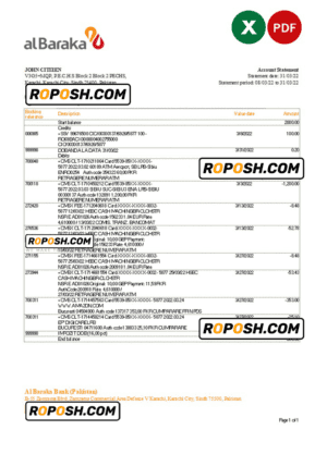 Pakistan Al Baraka bank statement Excel and PDF template
