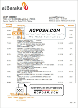 Pakistan Al Baraka bank statement template in Word and PDF format