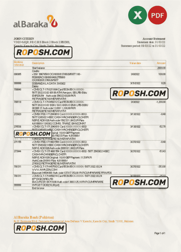 Pakistan Al Baraka bank statement Excel and PDF template