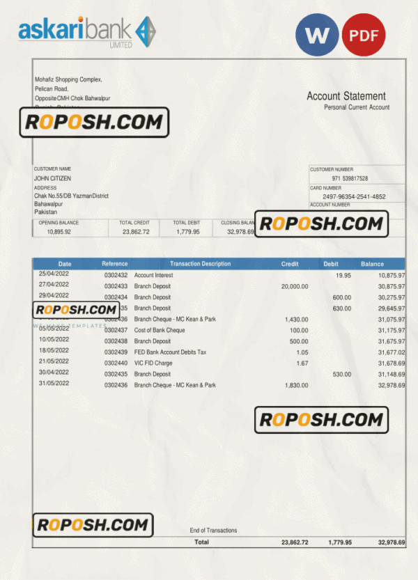 Pakistan Askaribank bank statement, Word and PDF template