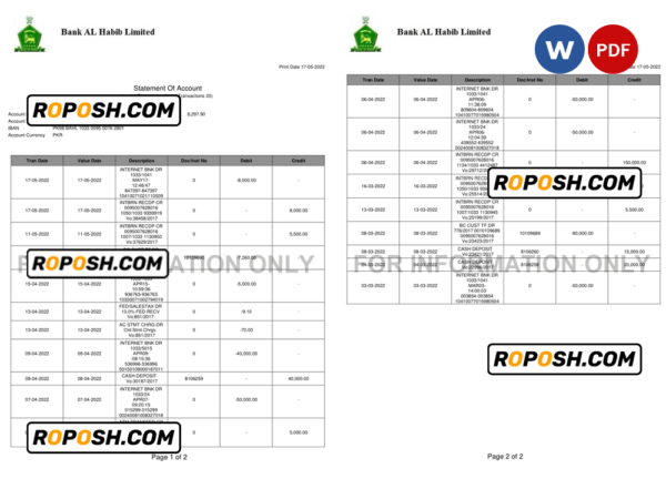 Pakistan Bank Al Habib bank statement, Word and PDF template, 2 pages