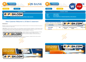 Pakistan JS bank e-statement, Word and PDF template, 3 pages