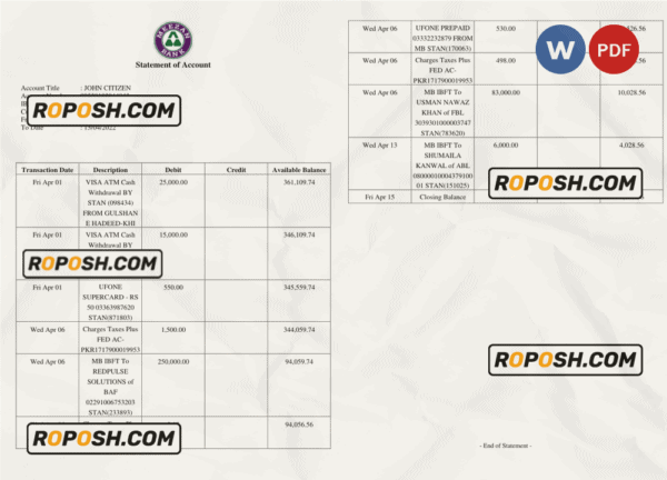 Pakistan Meezan bank statement Word and PDF template, 2 pages