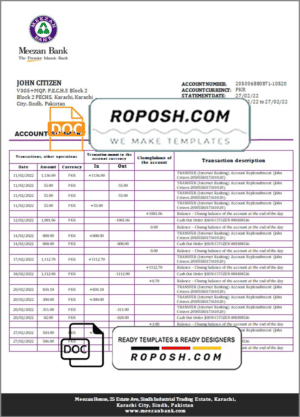 Pakistan Meezan bank statement template in Word and PDF format