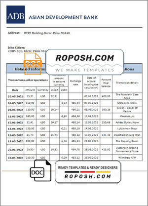 Palau ADB bank statement template in Word and PDF format
