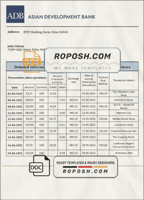 Palau ADB bank statement template in Word and PDF format