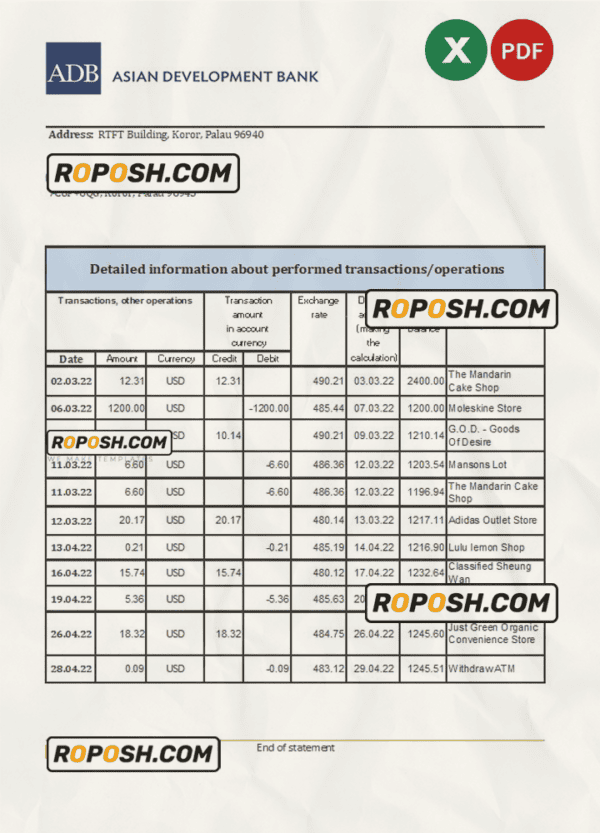 Palau ADB bank statement Excel and PDF template