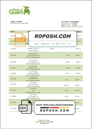 Palau Bank of Guam bank statement template in Word and PDF format