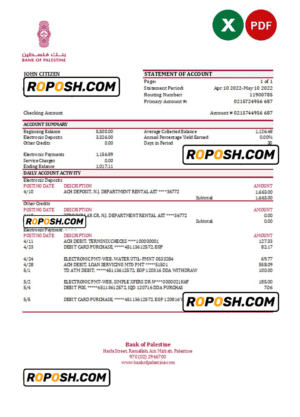 Palestine Bank of Palestine bank statement Excel and PDF template
