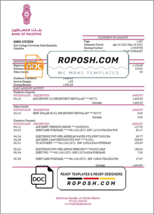 Palestine Bank of Palestine bank statement template in Word and PDF format