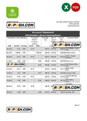 Palestine Quds bank statement Excel and PDF template