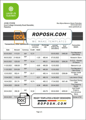Palestine Quds bank statement template in Word and PDF format