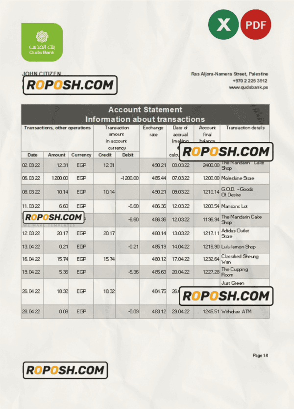 Palestine Quds bank statement Excel and PDF template