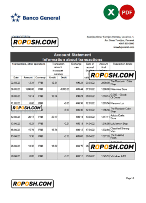 Panama Banco General bank statement Excel and PDF template