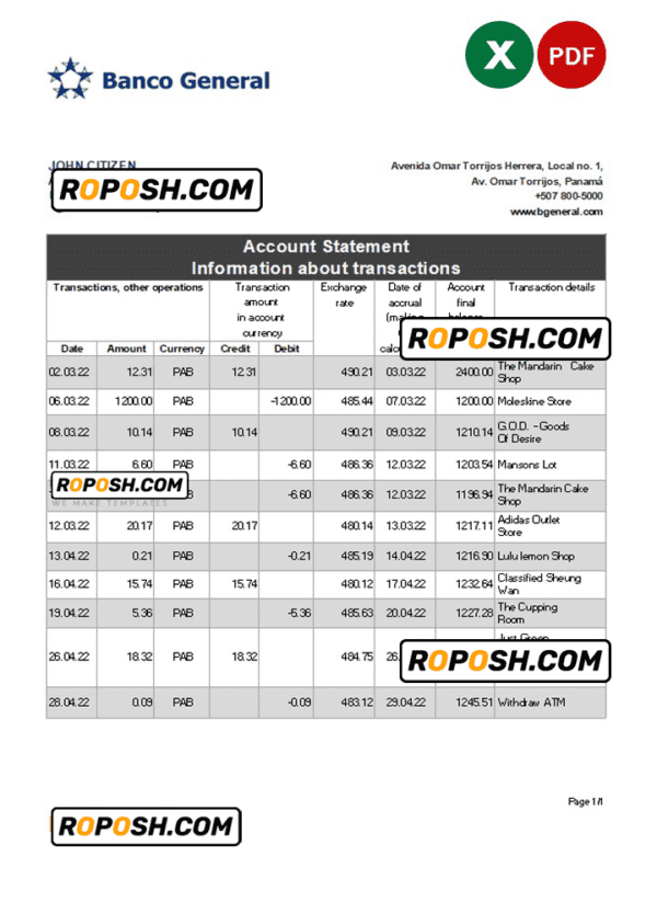 Panama Banco General bank statement Excel and PDF template