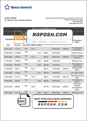 Panama Banco General bank statement template in Word and PDF format