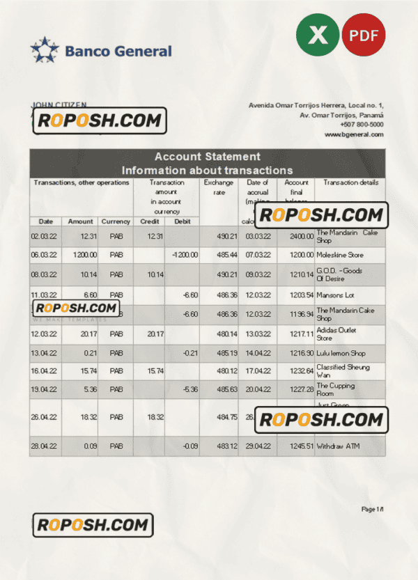 Panama Banco General bank statement Excel and PDF template