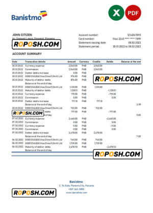 Panama Banistmo bank statement Excel and PDF template