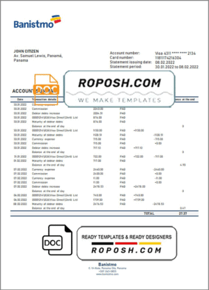Panama Banco General bank statement template in Word and PDF format