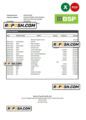 Papua New Guinea BSP bank statement Excel and PDF template