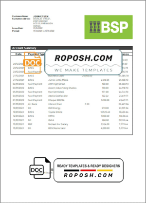Papua New Guinea BSP bank statement template in Word and PDF format