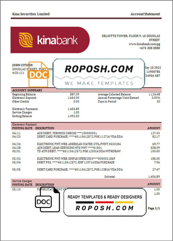 Papua New Guinea Kina Securities Limites bank statement template in Word and PDF format
