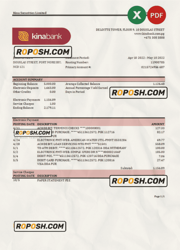 Papua New Guinea Kina Securities Limites bank statement Excel and PDF template