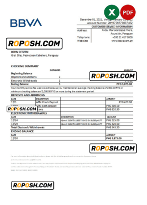 Paraguay BBVA bank statement Excel and PDF template
