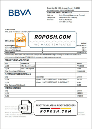 Paraguay BBVA bank statement template in Word and PDF format