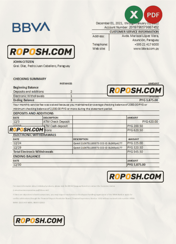 Paraguay BBVA bank statement Excel and PDF template
