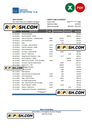 Paraguay Banco Amambay bank statement Excel and PDF template