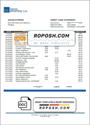 Paraguay Banco Amambay bank statement template in Word and PDF format