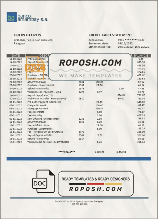 Paraguay Banco Amambay bank statement template in Word and PDF format