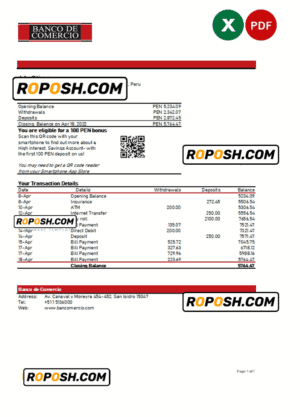 Peru Banco de Comercio bank statement Excel and PDF template