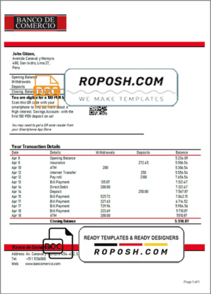 Peru Banco de Comercio bank statement template in Word and PDF format