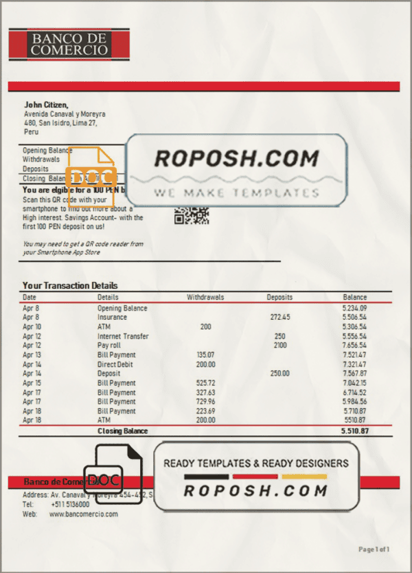 Peru Banco de Comercio bank statement template in Word and PDF format