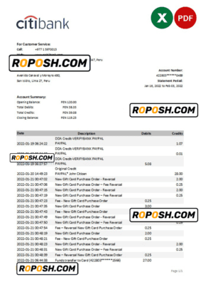 Peru Citibank bank statement Excel and PDF template