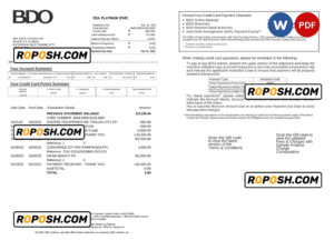 Philippines BDO bank credit card statement, Word and PDF template, 2 pages