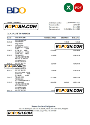 Philippines BDO bank statement Excel and PDF template