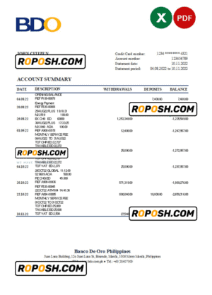 Philippines BDO bank statement Excel and PDF template